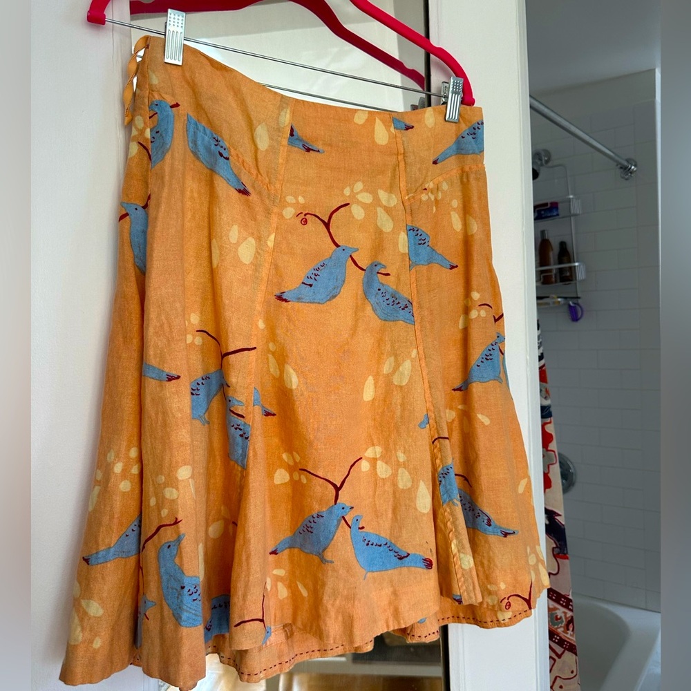 Anthro Meadow Rue Plume Bird Print Linen Skirt